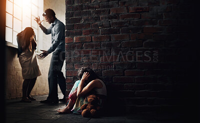 Buy stock photo Little girl huddled over while her father abuses her mother nearby