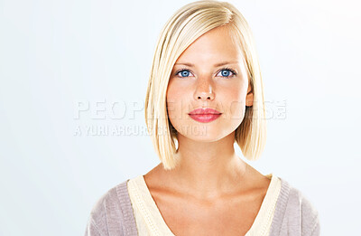Buy stock photo Closeup portrait of a gorgeous young bride lying on her bed with her bouquet