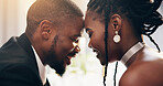 Wedding, forehead and black couple with love, smile and bonding together with happiness. Bride, groom and man with woman, relationship and celebration with marriage, commitment and reception with joy