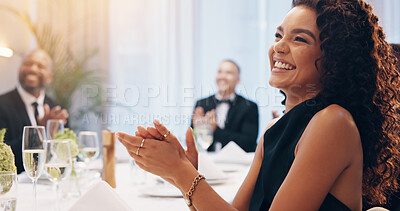 Buy stock photo Applause, happy and woman at party with champagne for celebration, social event and gathering. Glass, friends and men and women for cheers, toast and speech at gala dinner, new years eve or wedding