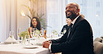 Alcohol, champagne and man at party for celebration, social event and gathering. Glass, luxury and men and women with liquor for cheers, toast and drinks at gala, new years eve and business dinner