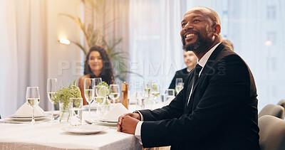 Buy stock photo Alcohol, champagne and man at party for celebration, social event and gathering. Glass, luxury and men and women with liquor for speech, bubbles and drinks at gala, new years eve and business dinner