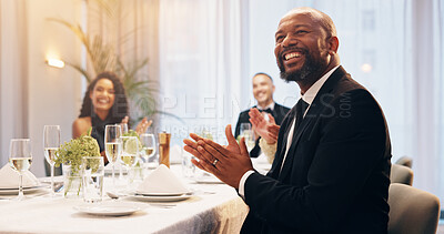 Buy stock photo Applause, champagne and man at party for celebration, social event and gathering. Glass, luxury and men and women with liquor or fine dining and speech at gala, new years eve and business dinner