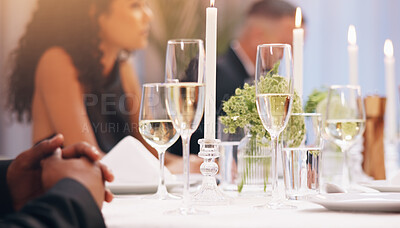 Buy stock photo Alcohol, champagne and people at dinner party for celebration, social event and gathering. Glass, luxury and men and women with liquor for cheers, toast and drinks at gala, new years eve or wedding