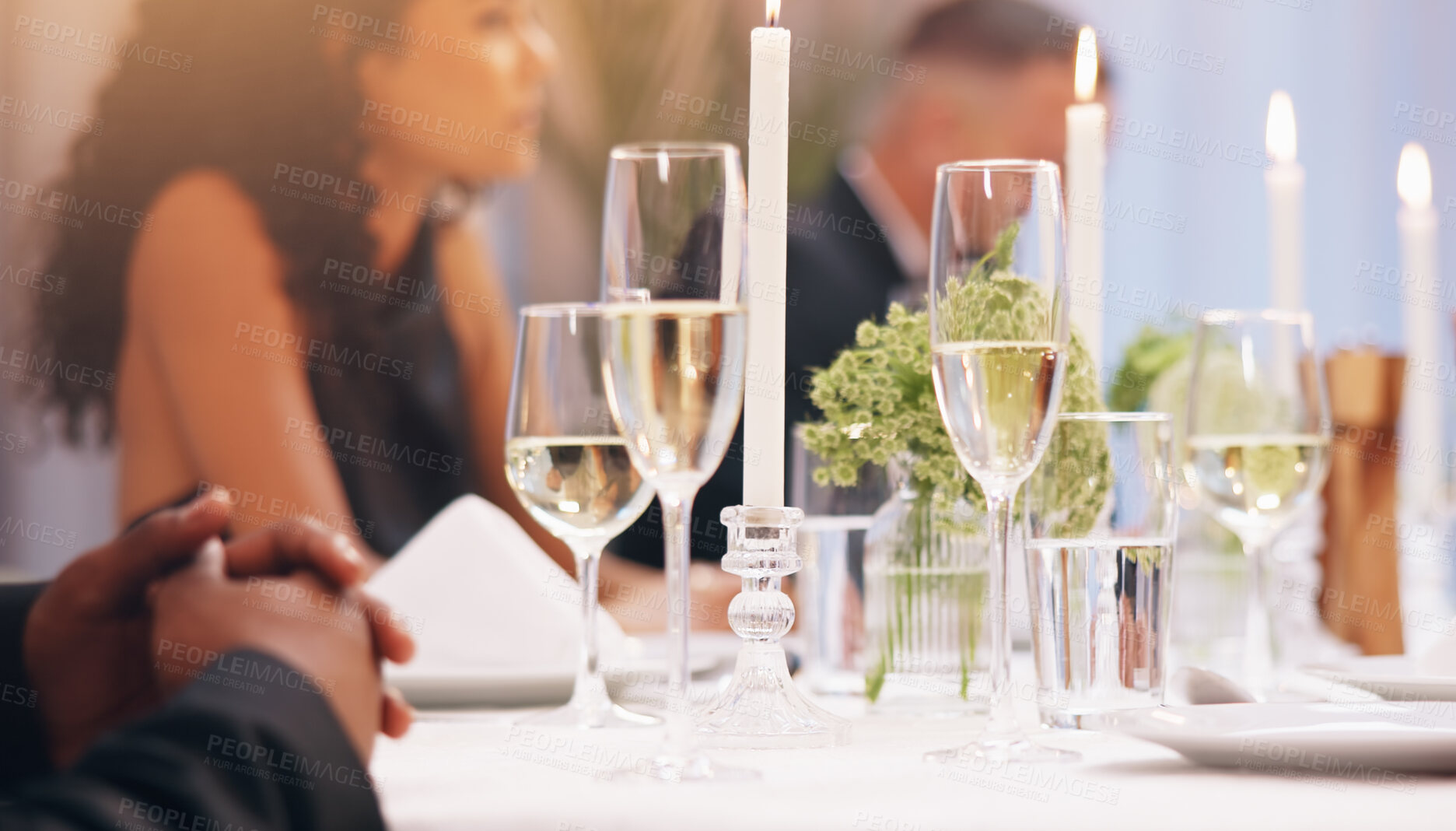Buy stock photo Alcohol, champagne and people at dinner party for celebration, social event and gathering. Glass, luxury and men and women with liquor for cheers, toast and drinks at gala, new years eve or wedding