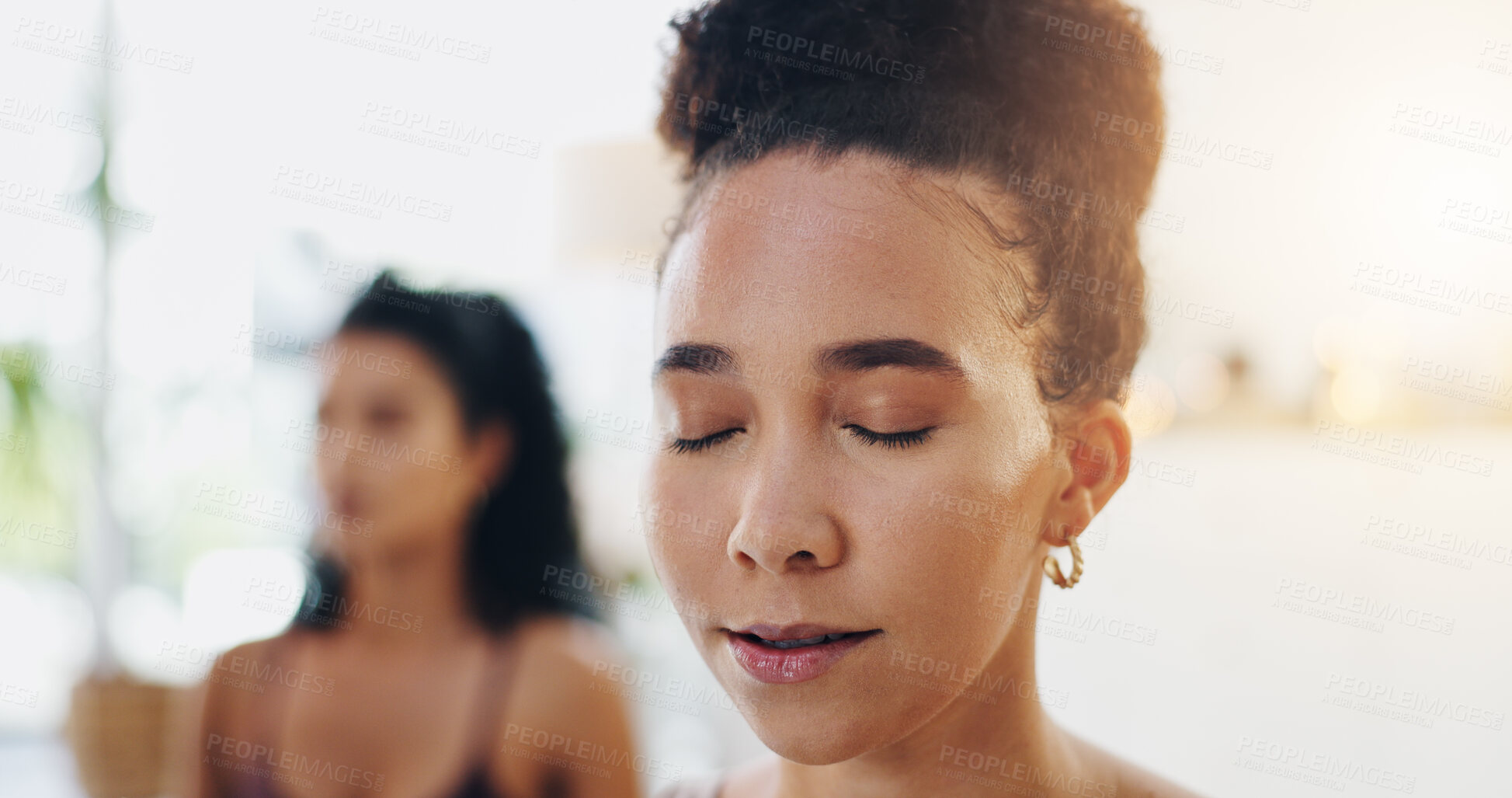 Buy stock photo Relax, peace and woman in yoga class for meditation, self care and holistic balance at health retreat. Calm, mindfulness and girl with wellness for mind, body and soul for gratitude, awareness or zen