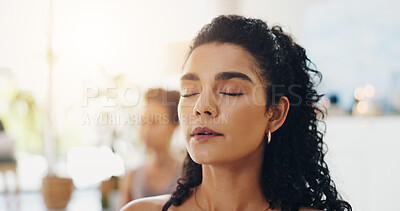 Buy stock photo Relax, zen and woman in yoga class for meditation, self care and holistic balance at health retreat. Calm, mindfulness and girl with wellness for mind, body and soul for gratitude, peace or breathing