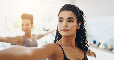 Buy stock photo Face, fitness and yoga with women in studio of home for awareness, holistic balance or wellness. Exercise, pilates and stretching with confident yogi friends in apartment for morning awareness or zen