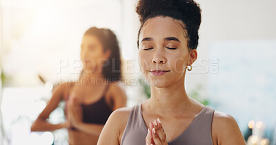 Buy stock photo Relax, namaste and woman in yoga class for meditation, self care and holistic balance at health retreat. Zen, mindfulness and girl with wellness for mind, body and soul for gratitude, peace and calm