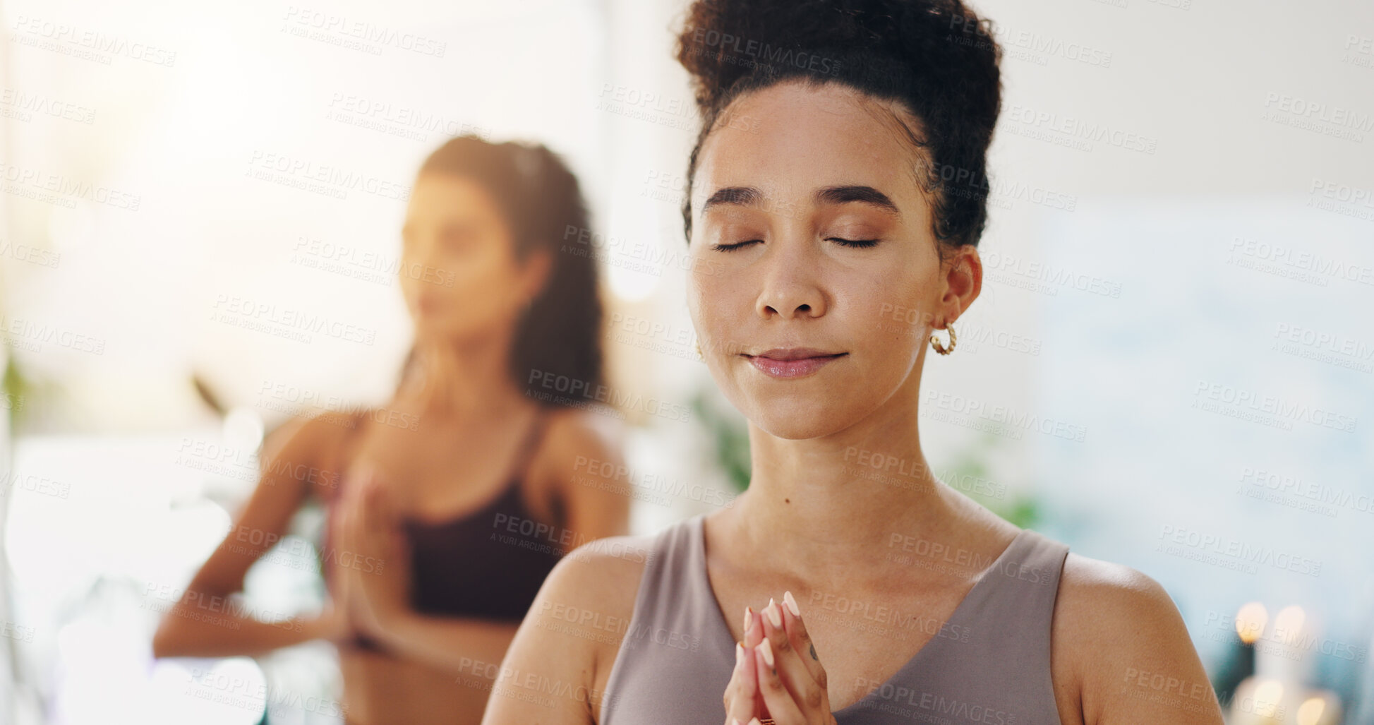 Buy stock photo Relax, namaste and woman in yoga class for meditation, self care and holistic balance at health retreat. Zen, mindfulness and girl with wellness for mind, body and soul for gratitude, peace and calm