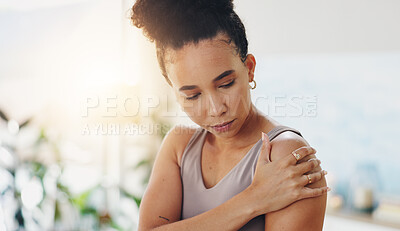 Buy stock photo Fitness, shoulder pain and woman in home with injury, muscle strain and accident in workout. Body, health and person with inflammation, medical emergency and tension for exercise, training or pilates