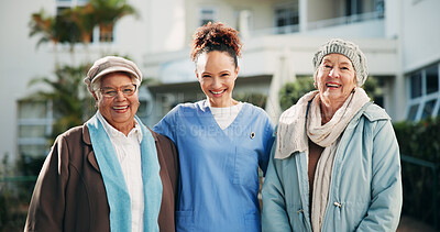 Buy stock photo Senior, women and nurse with portrait at assisted living for healthcare support, medical wellness and happy. Elderly, people or together with caregiver outdoor at retirement home for garden fresh air