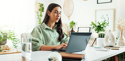 Buy stock photo Business woman, office and laptop at desk with working, planning and creative writing at startup. Writer, SEO and article research with reading and journalist project at content creation agency