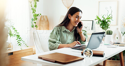 Buy stock photo Business woman, laptop and phone call at desk with working, planning and creative office with talk. Writer, networking and mobile chat for article research and interview at content creation agency