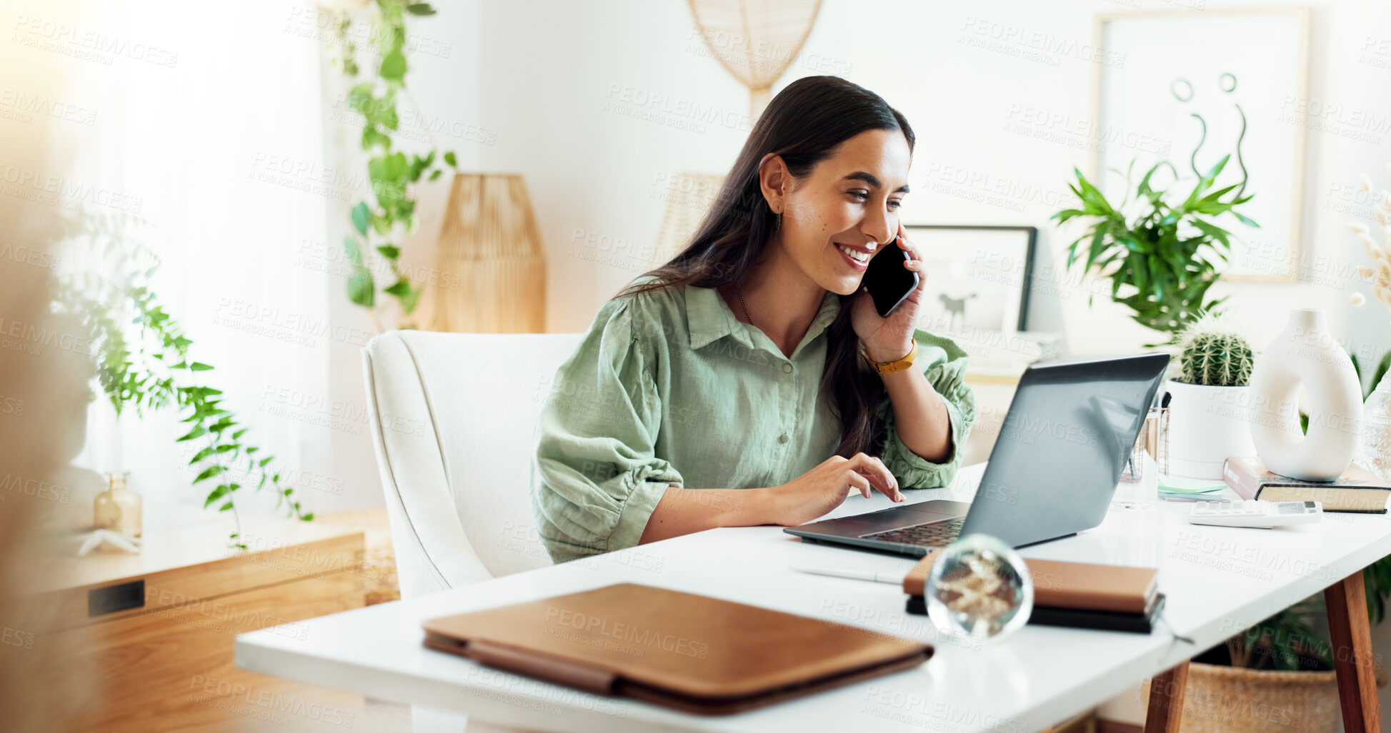 Buy stock photo Business woman, laptop and phone call at desk with working, planning and creative office with talk. Writer, networking and mobile chat for article research and interview at content creation agency