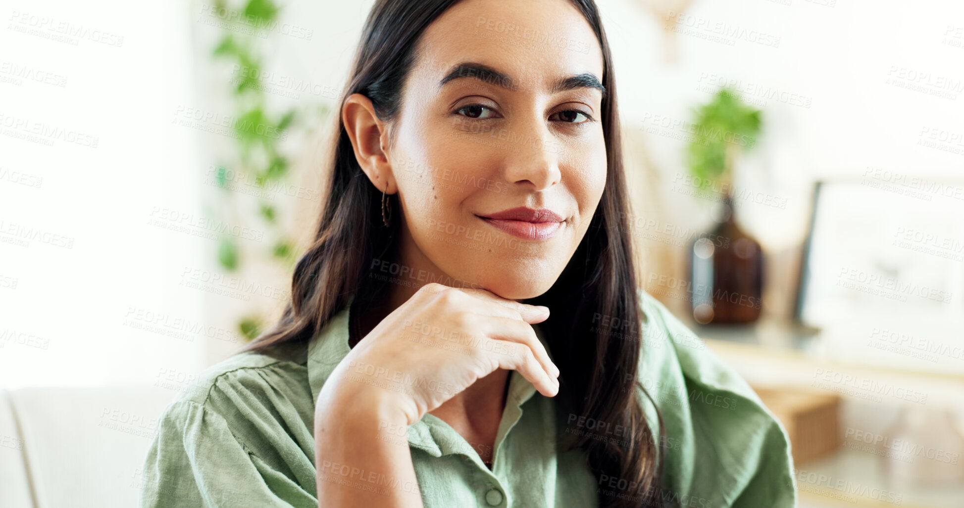 Buy stock photo Happy, woman and relax with portrait at house for comfortable weekend, calm morning and living room. Smile, girl and student rest on couch in lounge for school break, peace wellness and carefree joy