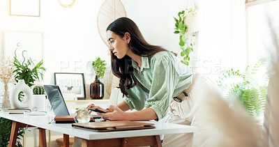 Buy stock photo Business, woman or laptop with smartphone in office for multitasking, reading email or check notification. Professional, employee or digital technology at desk for proposal feedback or project review