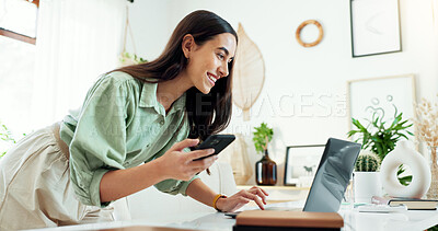 Buy stock photo Business, woman and laptop with phone at desk for multitasking, reading email or checking notification. Happy, employee and digital technology in office for proposal feedback, project review and news