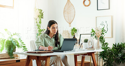 Buy stock photo Research, notes and woman in home office with laptop, info and checking schedule for project ideas. Remote work, report and freelance writer at desk with computer, business planning or online article