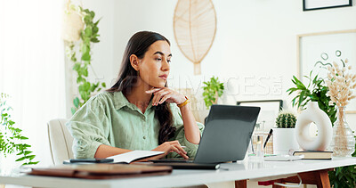 Buy stock photo Business woman, office and web research with laptop at desk with email, planning and work. Writer, thinking and ideas for article with reading and journalist employee at content creation agency