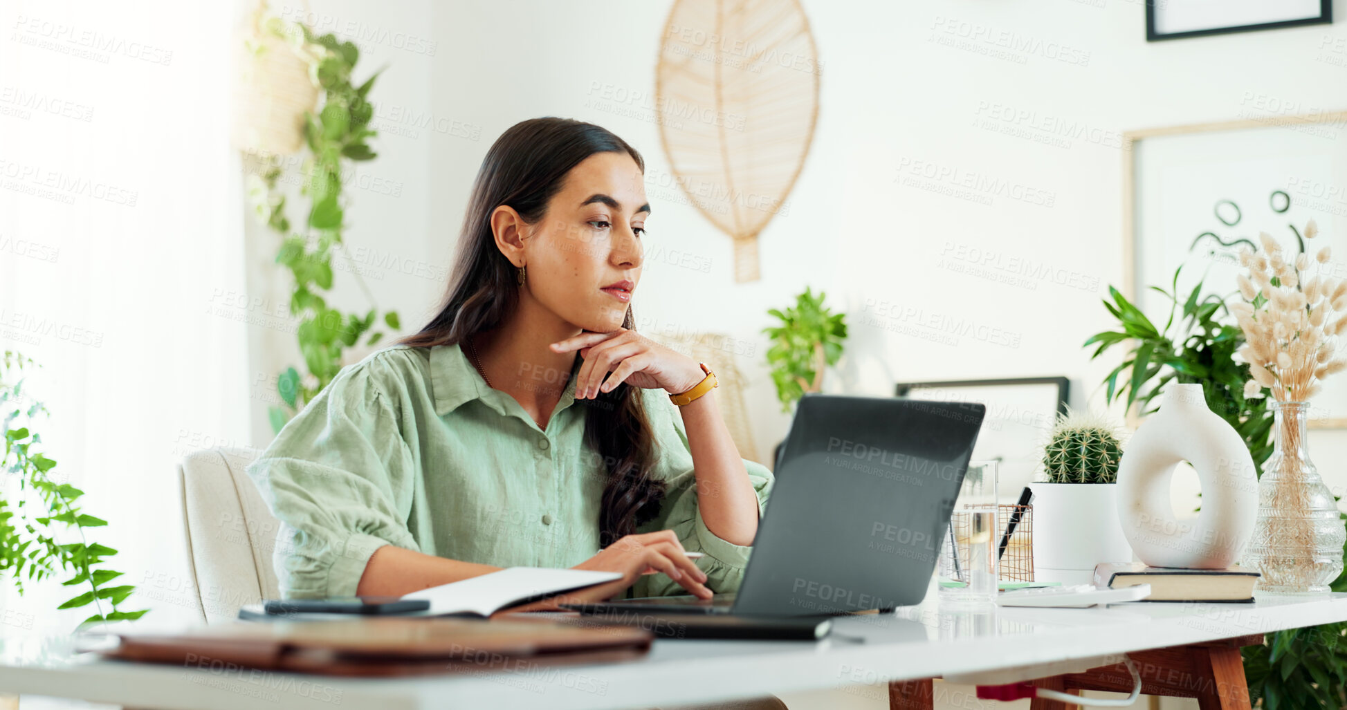 Buy stock photo Business woman, office and web research with laptop at desk with email, planning and work. Writer, thinking and ideas for article with reading and journalist employee at content creation agency