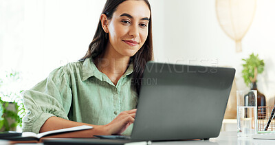 Buy stock photo Business woman, office and laptop at desk with online working, planning and creative work. Writer, thinking and ideas for article with reading and journalist employee at content creation agency