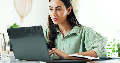 Buy stock photo Business woman, office and laptop work at desk with working, planning and creative research. Writer, thinking and ideas for article with reading and journalist employee at content creation agency