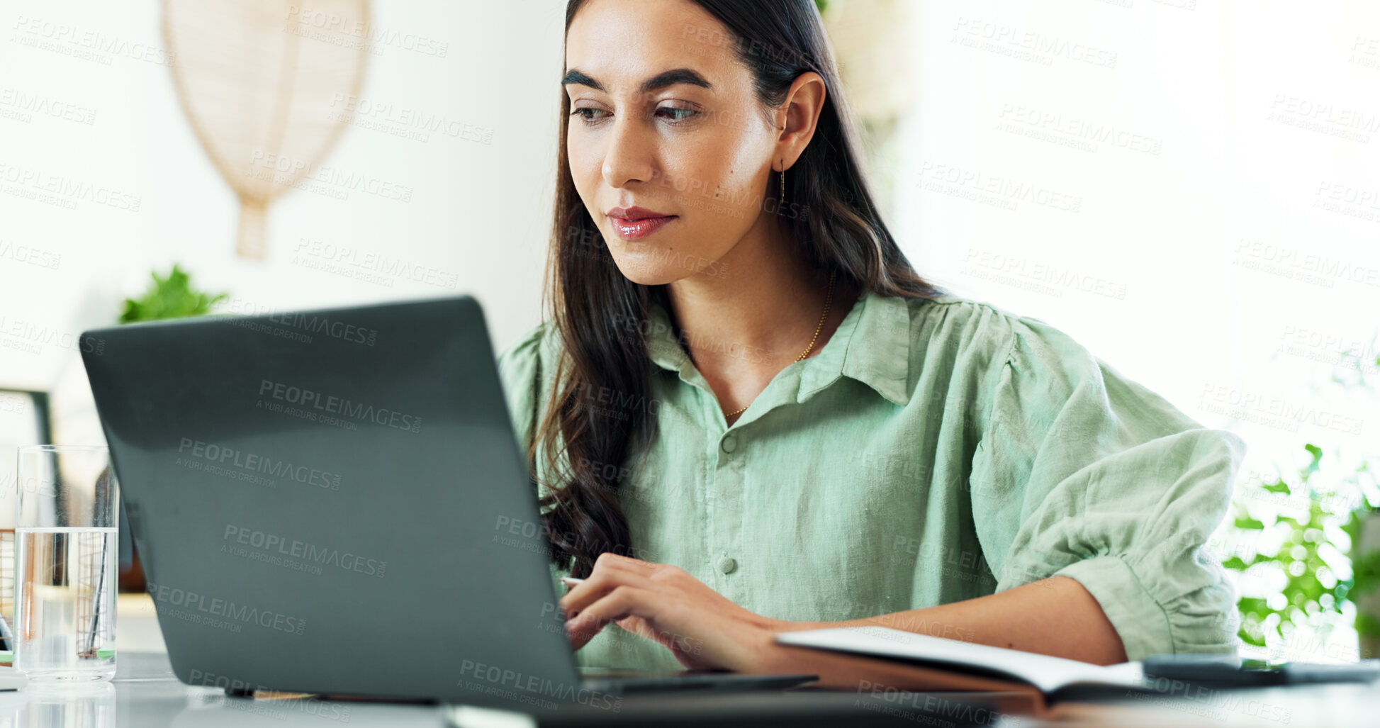 Buy stock photo Business woman, office and laptop work at desk with working, planning and creative research. Writer, thinking and ideas for article with reading and journalist employee at content creation agency