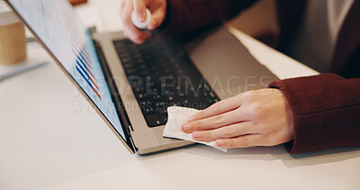 Buy stock photo Person, hands or wipe with laptop for hygiene, sanitize or cleaning bacteria and dirt on office desk. Closeup, employee or hygienist with cloth on technology or computer for disinfection at workplace