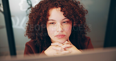 Buy stock photo Thinking, woman and reading on computer in office for financial report, online research and budget planning. Female person, pc and hr for email with legal information, data entry and review proposal