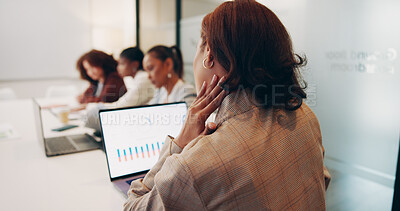 Buy stock photo Business, woman and laptop with neck pain at desk for bad posture, strain and stress of company statistics. Professional, back and auditor with charts screen for burnout, overworked and uncomfortable