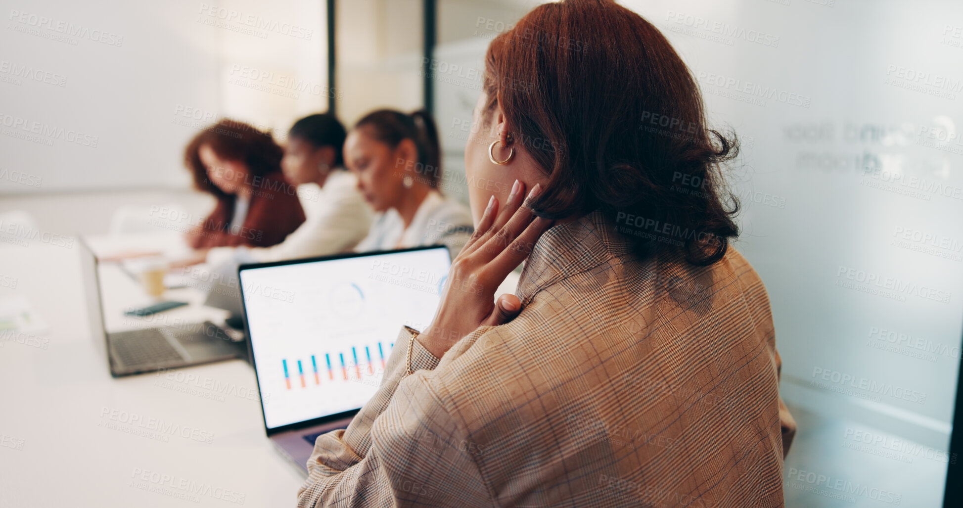 Buy stock photo Business, woman and laptop with neck pain at desk for bad posture, strain and stress of company statistics. Professional, back and auditor with charts screen for burnout, overworked and uncomfortable