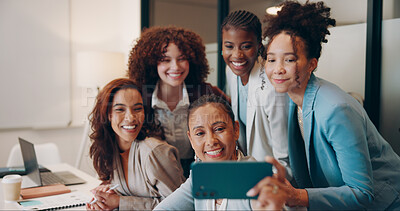 Buy stock photo Employees, women and happy on selfie at office for memories, social media post and profile picture. People, business and smile or excited on work break for bonding, support and unity with teamwork