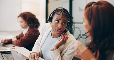 Buy stock photo Call center, laptop and woman with question for support and customer service email. Headset, telemarketing consultant or communication agent talking to client for advice, faq and business team