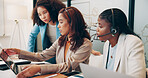 Call center, mentor advice and women with laptop, support and customer service email. Tech help, telemarketing consultant or communication agent with client, faq discussion and business team