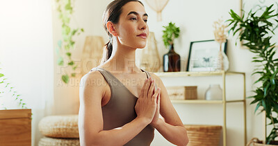 Buy stock photo Girl, namaste and yoga at house for fitness meditation, mindfulness development and spiritual performance. Woman, relax and pilates exercise for chakra energy, mental health peace and healing balance