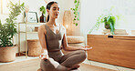 Woman, meditation and relax with yoga at house for fitness, mindfulness development and spiritual zen. Girl, calm and pilates exercise with chakra energy, mental health peace and healing performance