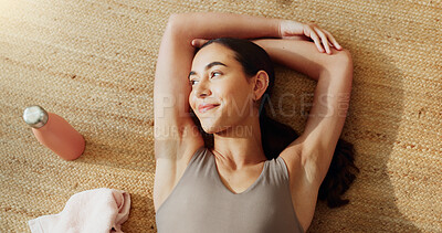 Buy stock photo Girl, relax and fitness with thinking on floor with top view for yoga break, tired of pilates or exercise. Woman, yogi or happy person on mat in home with water bottle, peaceful or fatigue of workout