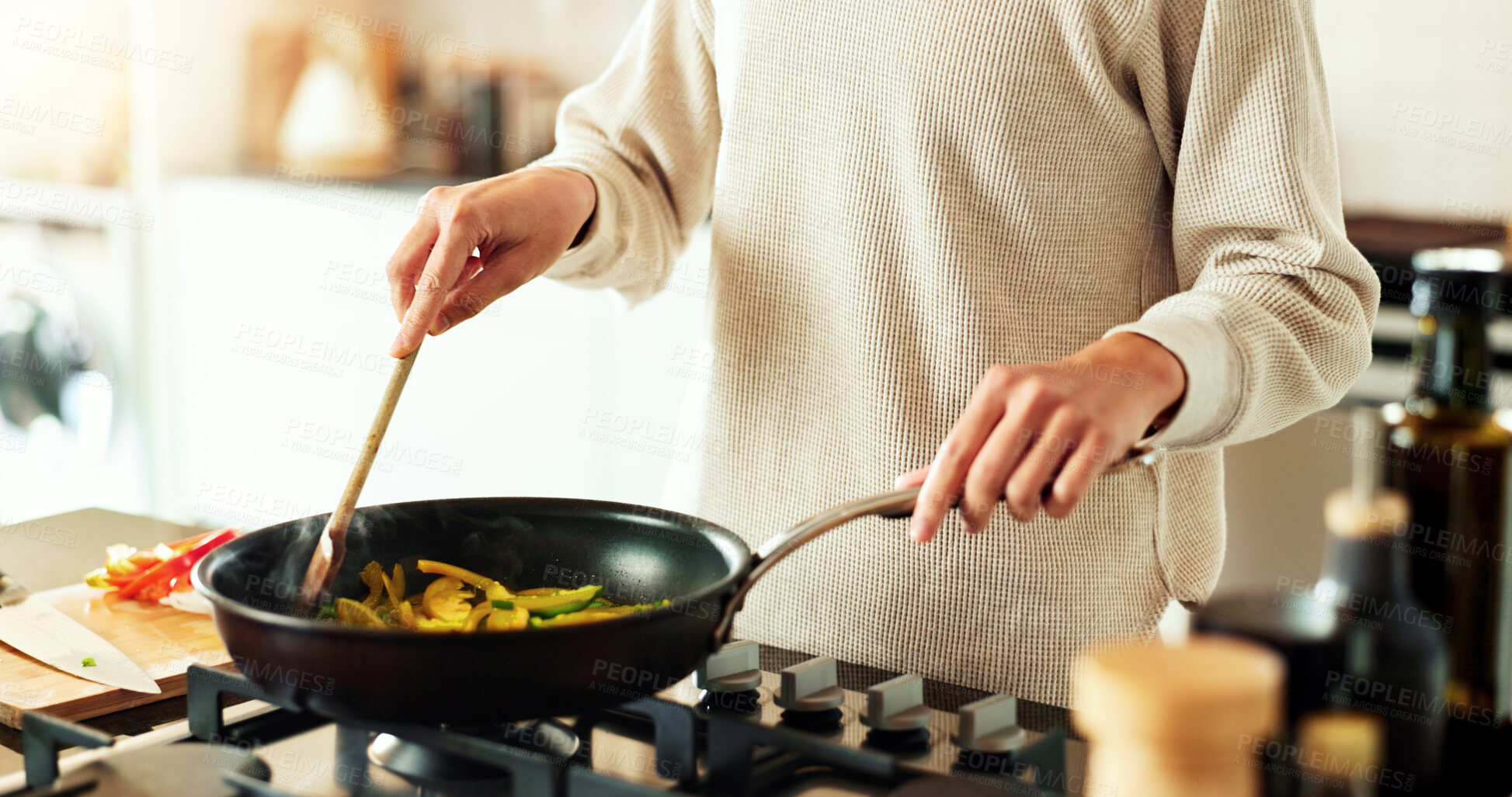 Buy stock photo Hands, frying pan and cooking as woman in kitchen for diet, recipe and ingredients in home. Person, culinary art for healthy food, creativity or nutritionist for meal preparation, dinner and vitamins