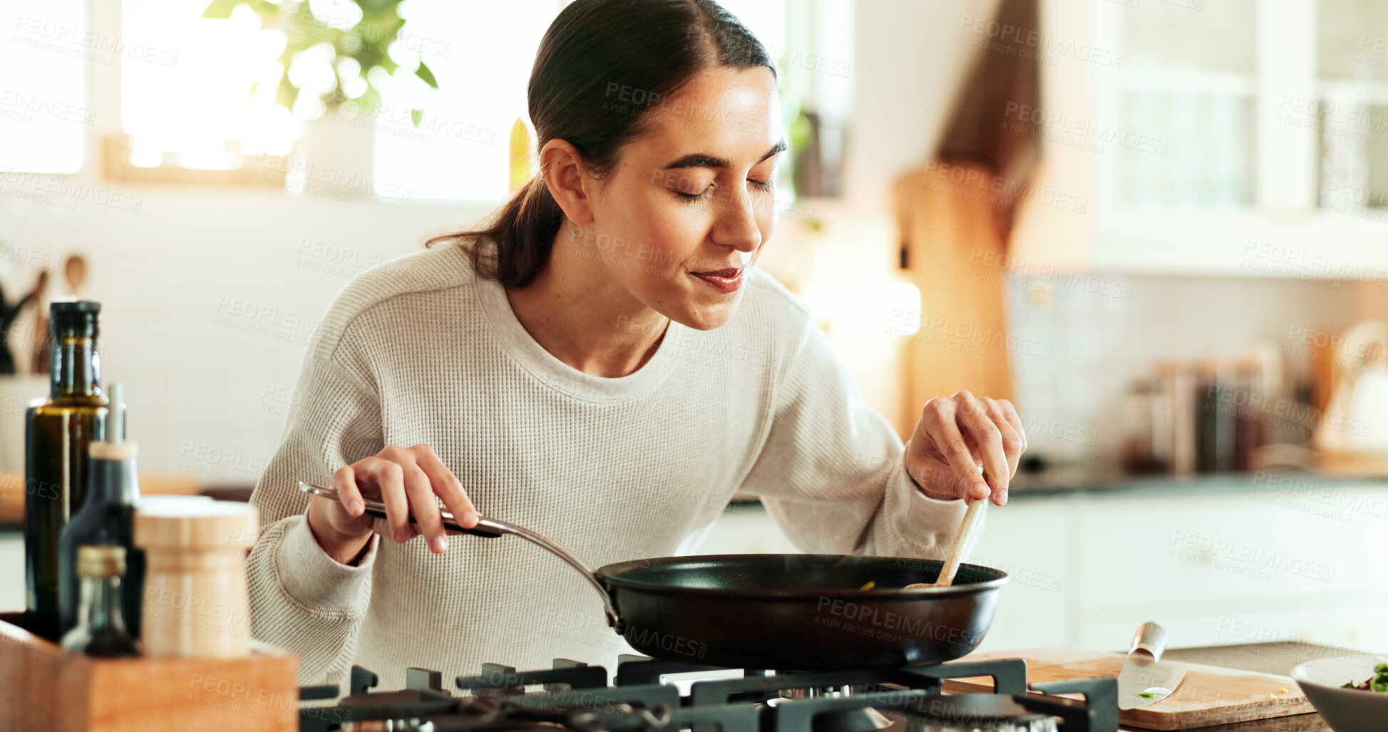 Buy stock photo Female person, aroma and cooking as chef in kitchen for diet or recipe in home for satisfaction. Woman, frying pan and gourmet cuisine as creative or nutritionist for meal preparation, dinner or food