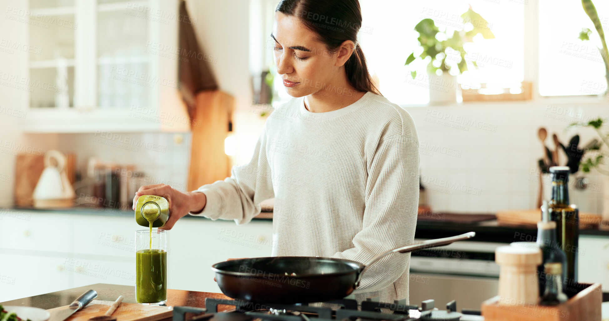 Buy stock photo Woman, juice and cooking as chef for diet or recipe in home or kitchen with ingredients. Female person, frying pan and gourmet cuisine as creative or nutritionist for meal preparation, dinner or food