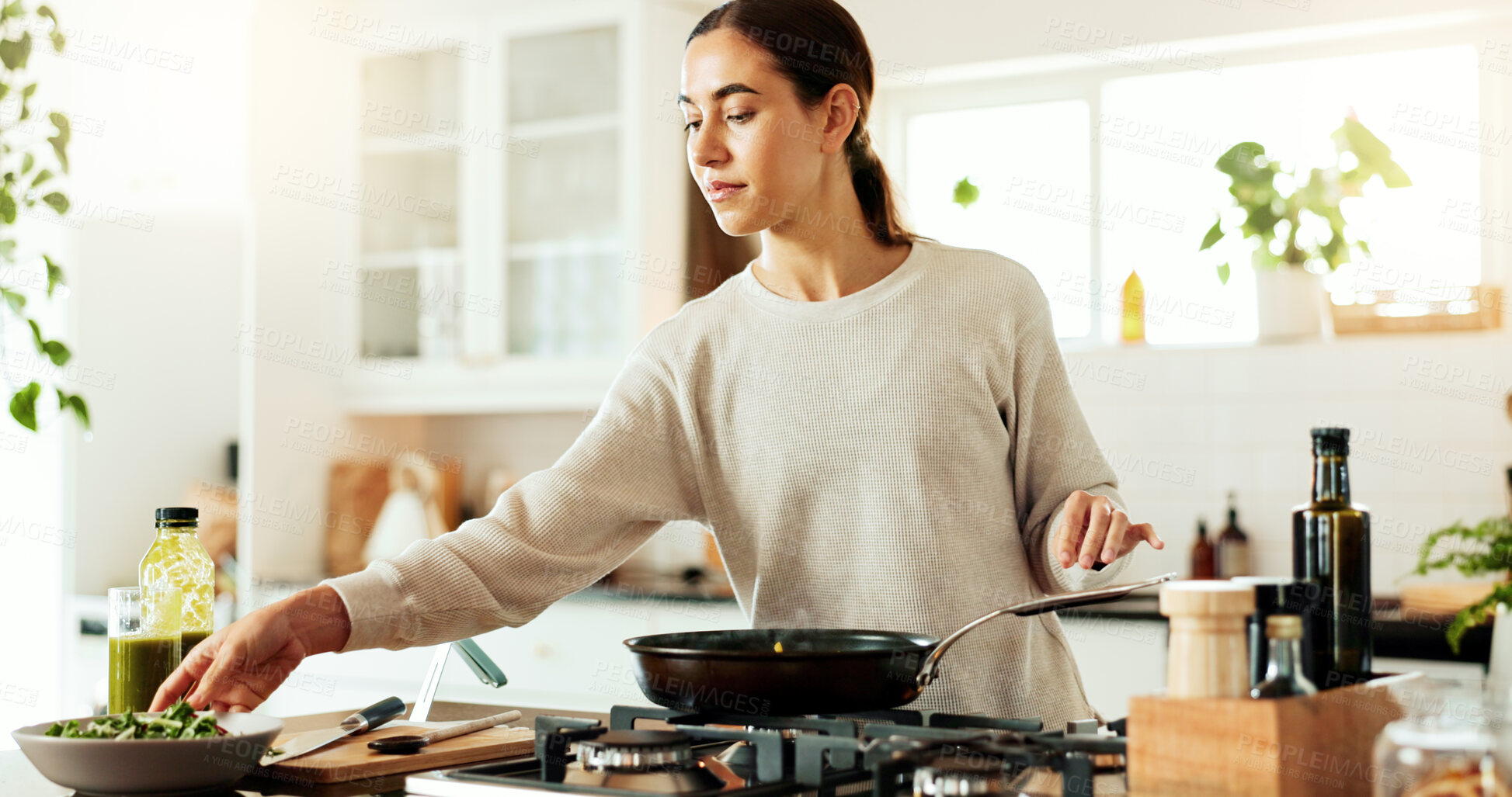 Buy stock photo Cooking, woman and kitchen stove with vegetables, healthy food and relax in home at counter. Diet, nutrition and breakfast with meal prep, happy and salad with health and wellness in morning