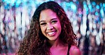 Happy, nightclub and portrait of woman at event with neon lighting for celebration or fun party. Smile, confident and face of female person from Puerto Rico at rave, disco or dj gig for entertainment