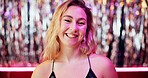 Happy, club and portrait of woman at party at night with neon lighting for celebration or fun event. Smile, confident and face of female person from London at rave, disco or dj gig for entertainment