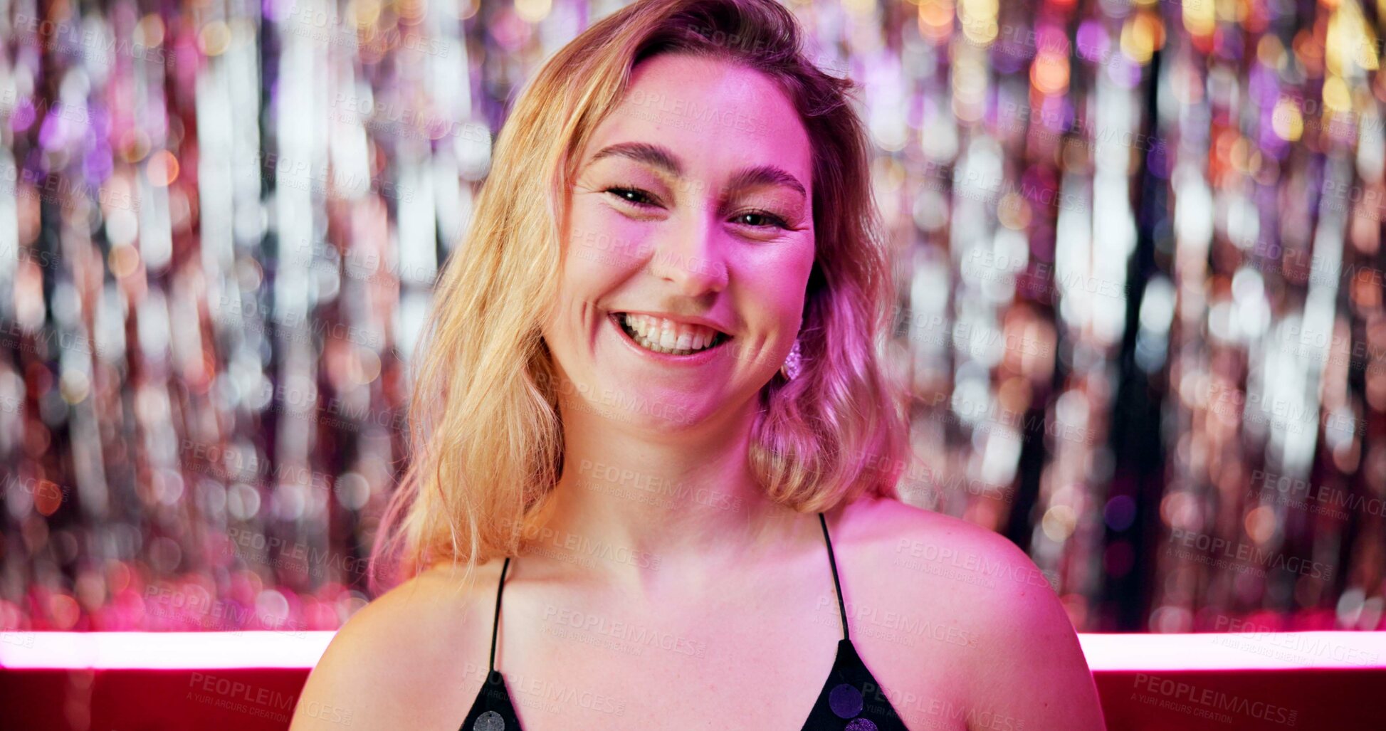 Buy stock photo Happy, club and portrait of woman at party at night with neon lighting for celebration or fun event. Smile, confident and face of female person from London at rave, disco or dj gig for entertainment