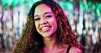 Happy, nightclub and portrait of woman at party with neon lighting for celebration or fun event. Smile, confident and face of female person from Puerto Rico at rave, disco or dj gig for entertainment