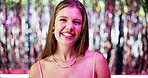 Happy, nightclub and portrait of woman at disco with neon lighting for celebration or fun event. Smile, confident and face of female person from Australia at rave, party or dj gig for entertainment