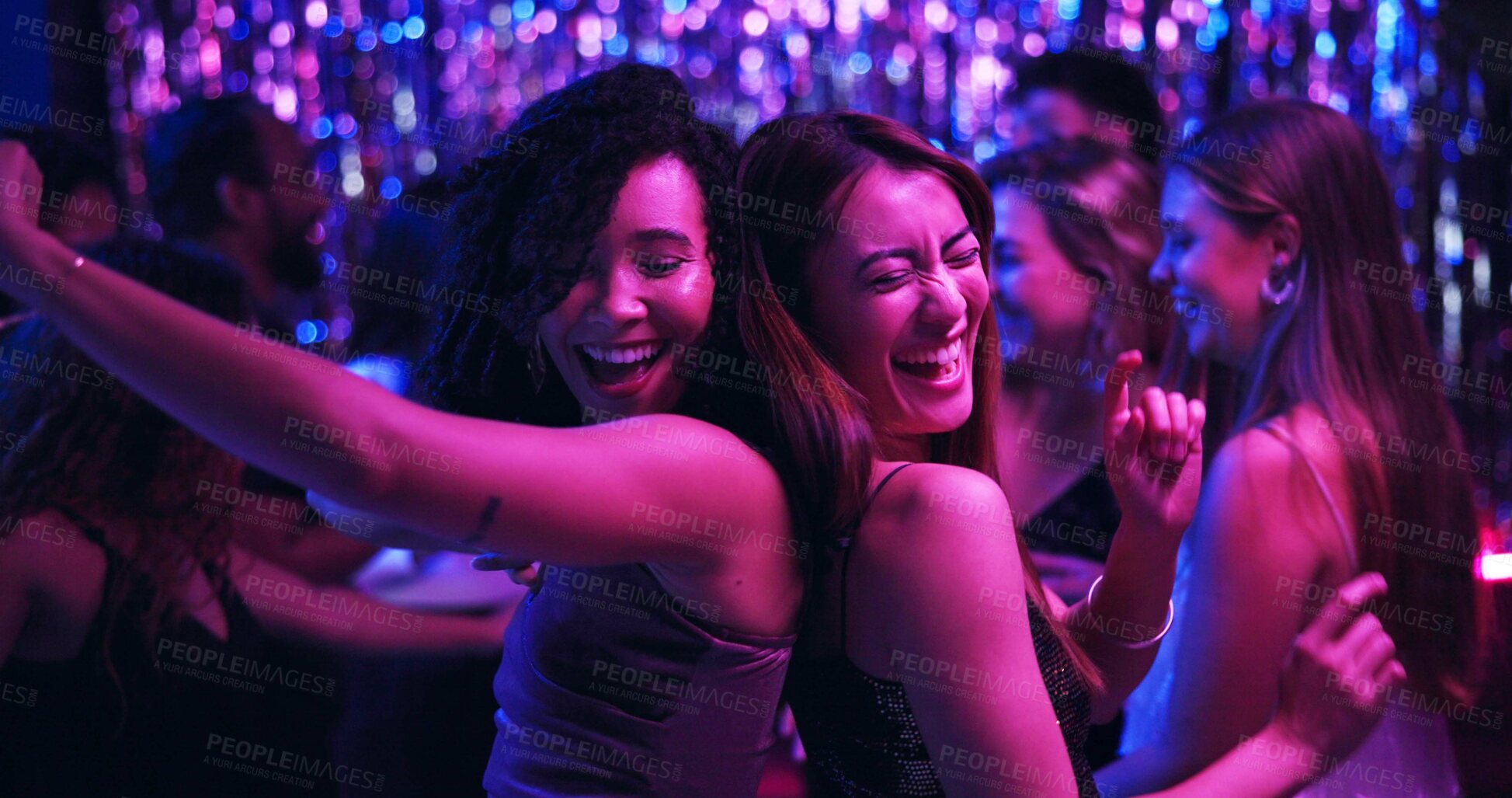 Buy stock photo Dancing, energy and friends in club, night and fun for women, bonding and celebration in weekend or group. Lights, dark and listening to music, smile and people in rave, disco or festival on New Year