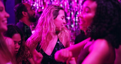 Buy stock photo Dancing, disco and friends in club, night and fun for women, bonding and celebration in weekend or group. Lights, dark and listening to music, dancer and people in rave, energy or festive in New Year