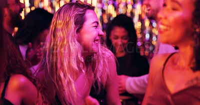 Buy stock photo Dancing, rave and friends in club, night and fun for women, bonding and celebration in weekend or group. Lights, dark and listening to music, dancer and people in party, disco or festival in New Year